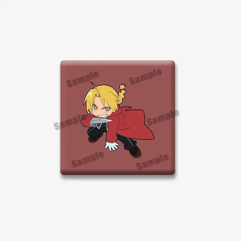 Red square lapel brooch featuring chibi edward elric from fullmetal alchemist with blonde hair and red coat