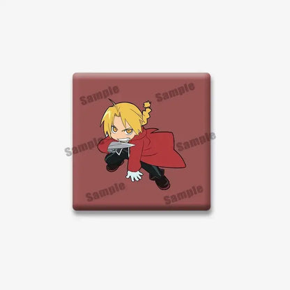 Red square lapel brooch featuring chibi edward elric from fullmetal alchemist with blonde hair and red coat