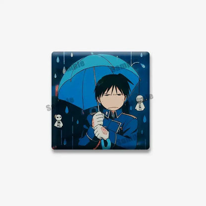 Blue umbrella held by edward elric in a rainy scene fullmetal alchemist square lapel brooch design