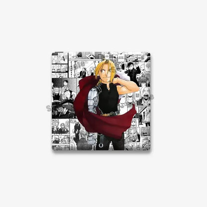 Fullmetal alchemist edward elric square pin lapel brooch featuring blonde hair and red cape on manga panel background