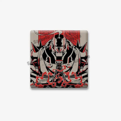 Fullmetal alchemist edward elric lapel brooch featuring a square coaster design with red and black armored warrior details