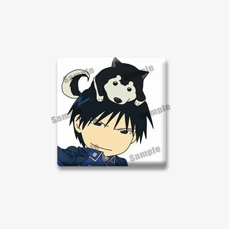 White square lapel brooch featuring edward elric from fullmetal alchemist with black hair and cartoon husky design