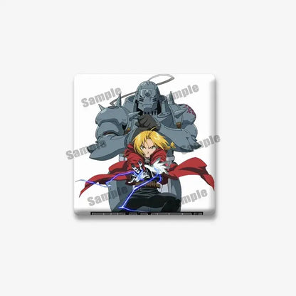 White square lapel brooch featuring edward elric in red coat with blue lightning from fullmetal alchemist