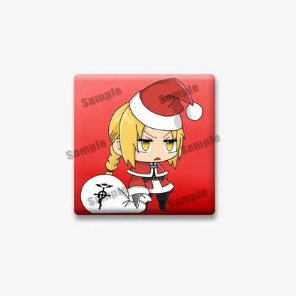 Red square fullmetal alchemist lapel brooch featuring chibi edward elric in santa outfit holding white sack with black emblem