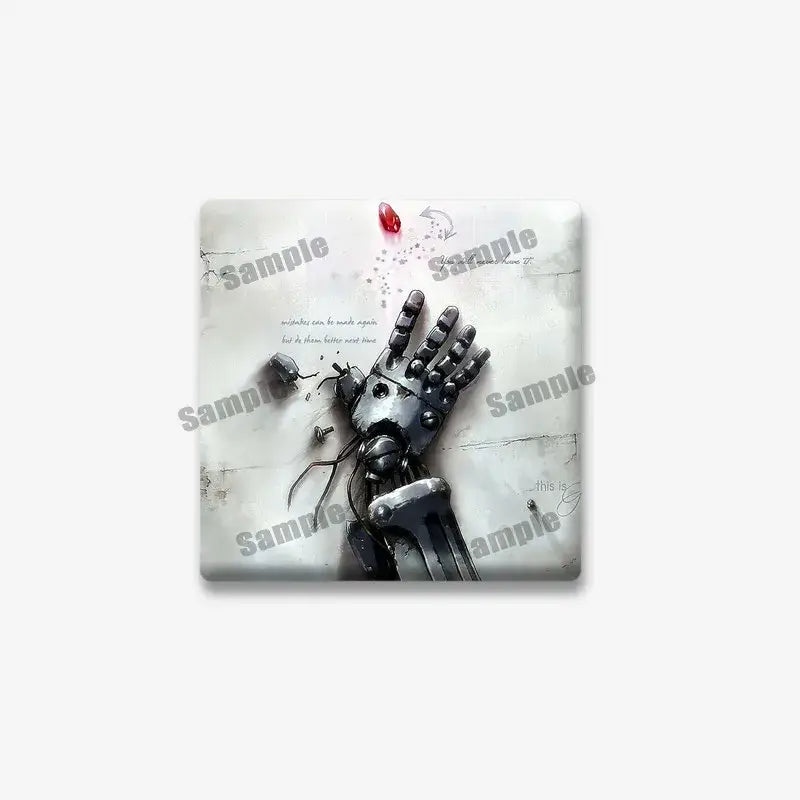 Fullmetal alchemist edward elric lapel brooch featuring a metallic mechanical hand with gears on an off-white background