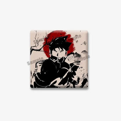 Fullmetal alchemist edward elric lapel brooch featuring black and white ink-style anime character on red background
