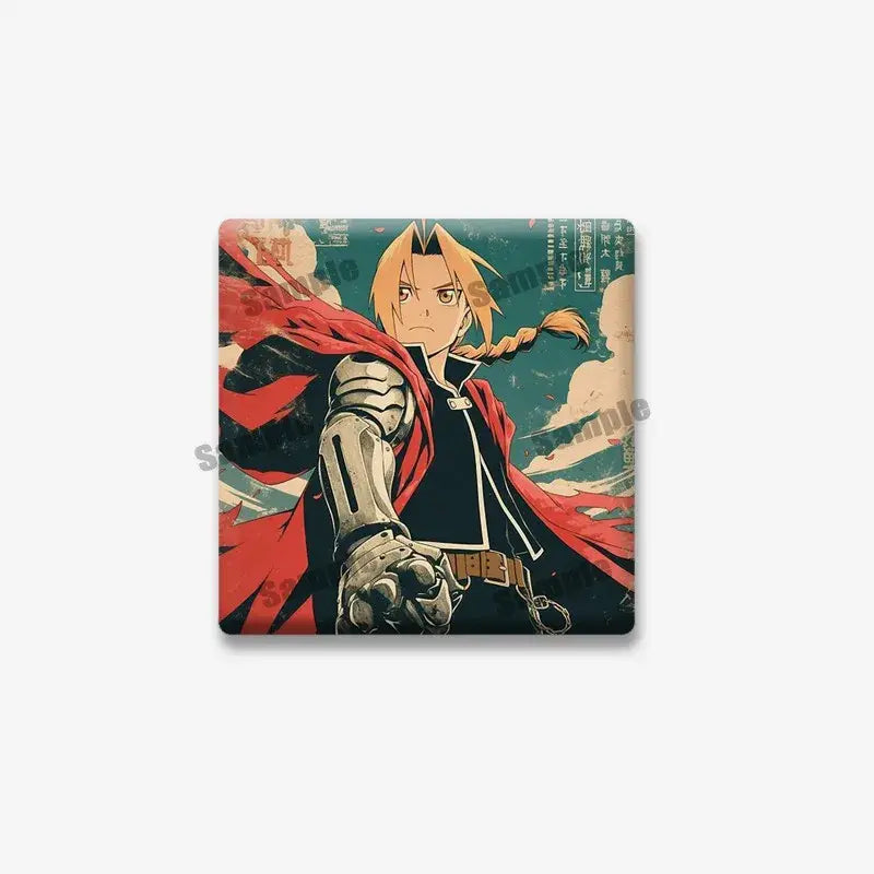 Square-shaped fullmetal alchemist edward elric lapel brooch with blonde hair and red cape on glossy surface