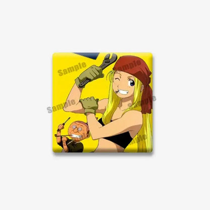Yellow square lapel brooch featuring fullmetal alchemist edward elric with blonde hair and red bandana holding wrench