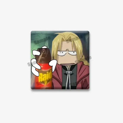 Square glossy plastic lapel brooch featuring edward elric from fullmetal alchemist holding a chocolate bar