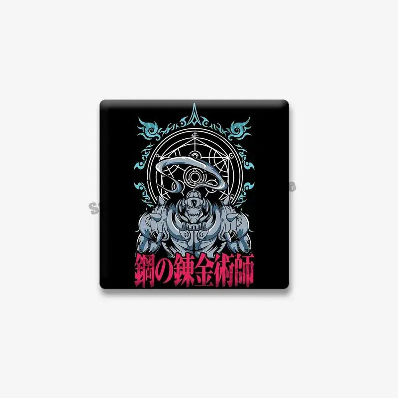Black square lapel brooch featuring edward elric from fullmetal alchemist with silver and teal designs on black background