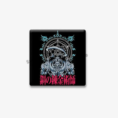 Black square lapel brooch featuring edward elric from fullmetal alchemist with silver and teal designs on black background