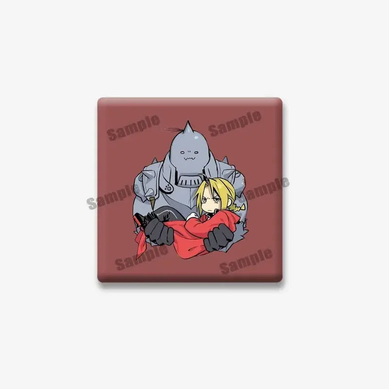 Fullmetal alchemist edward elric square lapel brooch featuring a reddish brown button with gray armored figure and edward