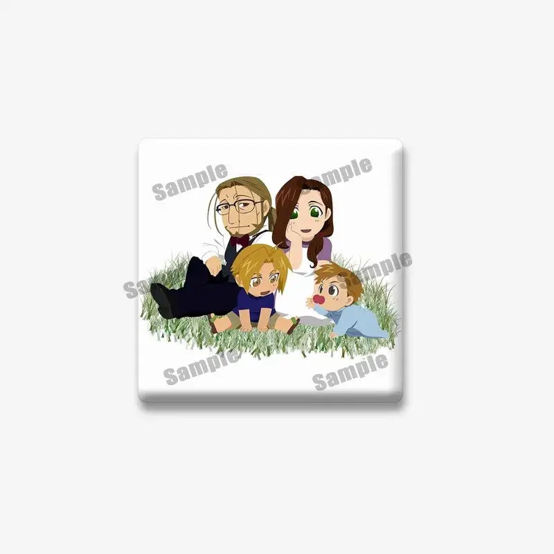 White square coaster with cartoon illustration of four characters sitting in grass for fullmetal alchemist edward elric lapel brooch