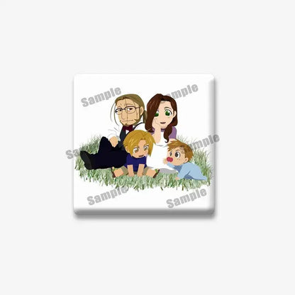 White square coaster with cartoon illustration of four characters sitting in grass for fullmetal alchemist edward elric lapel brooch