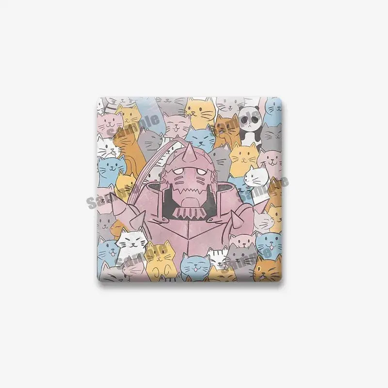 Pink metallic alphonse elric-shaped lapel brooch featuring edward elric and colorful cats fullmetal alchemist pin