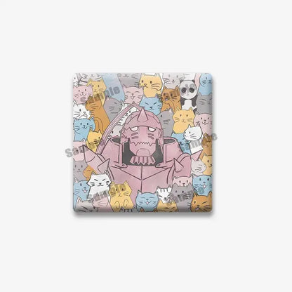 Pink metallic alphonse elric-shaped lapel brooch featuring edward elric and colorful cats fullmetal alchemist pin