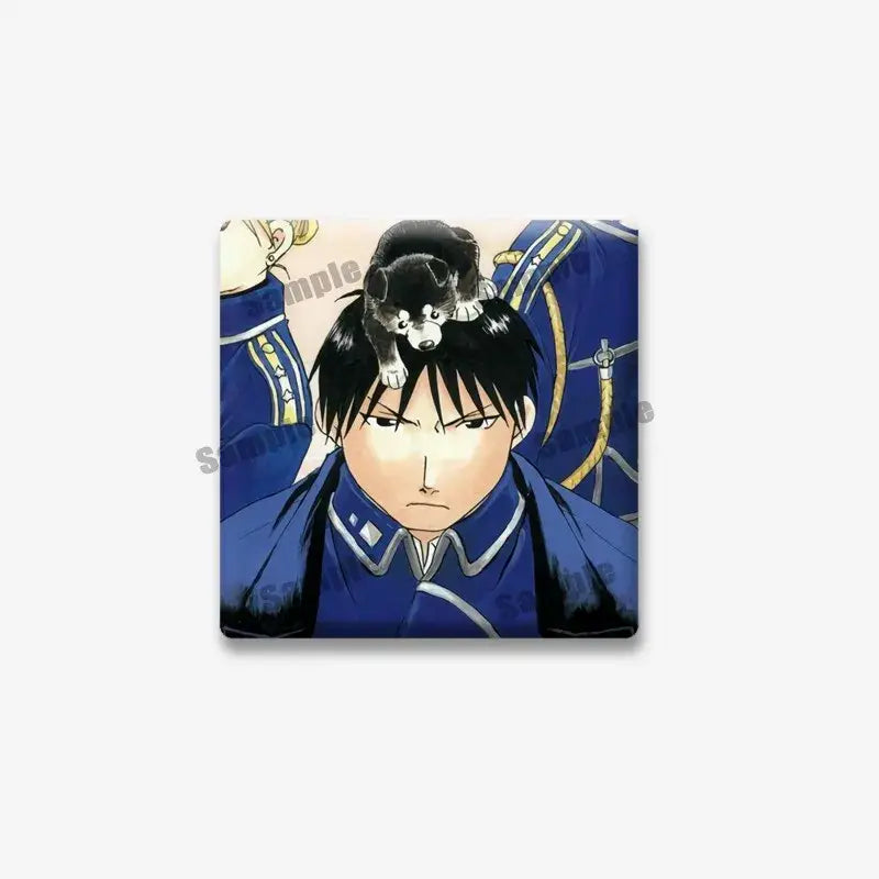 Blue edward elric lapel brooch featuring fullmetal alchemist character with black and white puppy on head