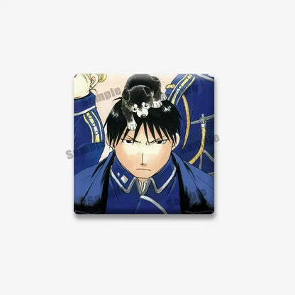 Blue edward elric lapel brooch featuring fullmetal alchemist character with black and white puppy on head