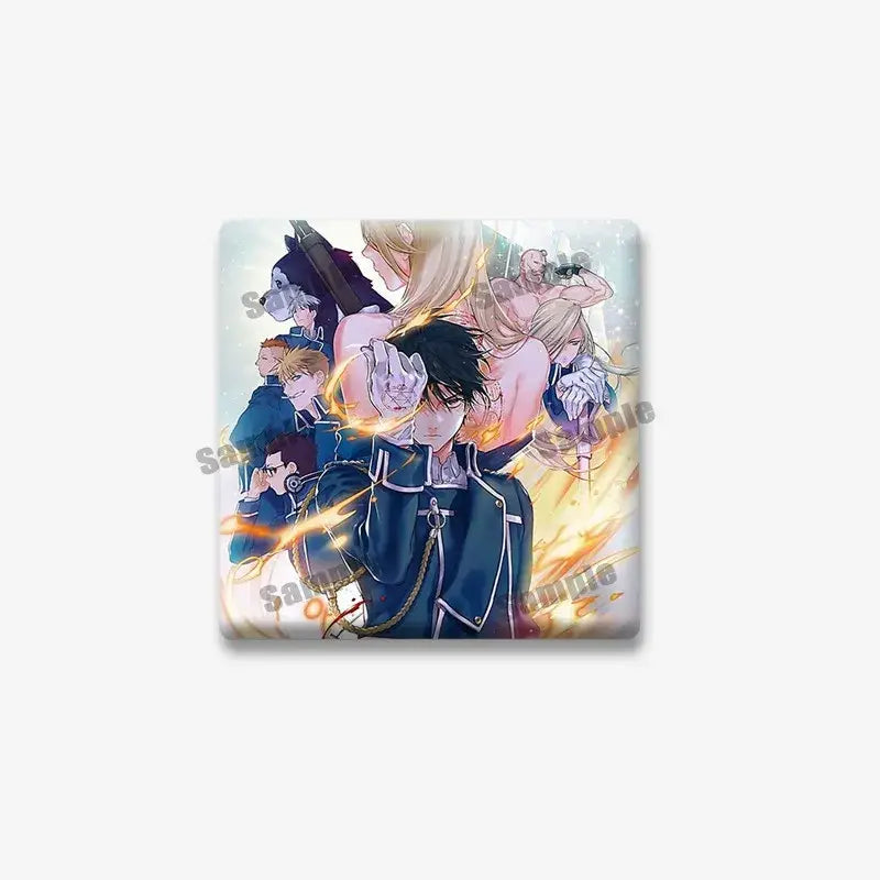 Fullmetal alchemist edward elric square pin with dynamic anime characters and glowing orange energy lapel brooch