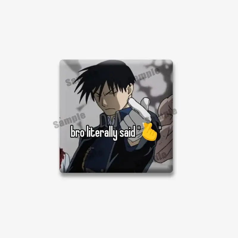 Fullmetal alchemist edward elric square lapel brooch featuring black-haired male in dark blue and black attire with white gloves
