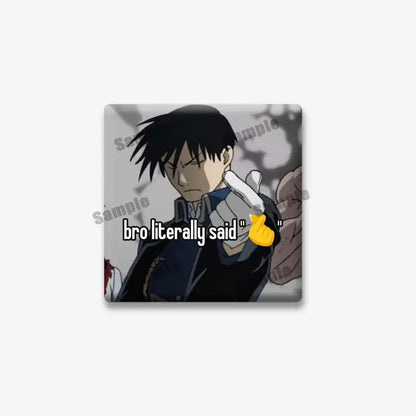 Fullmetal alchemist edward elric square lapel brooch featuring black-haired male in dark blue and black attire with white gloves