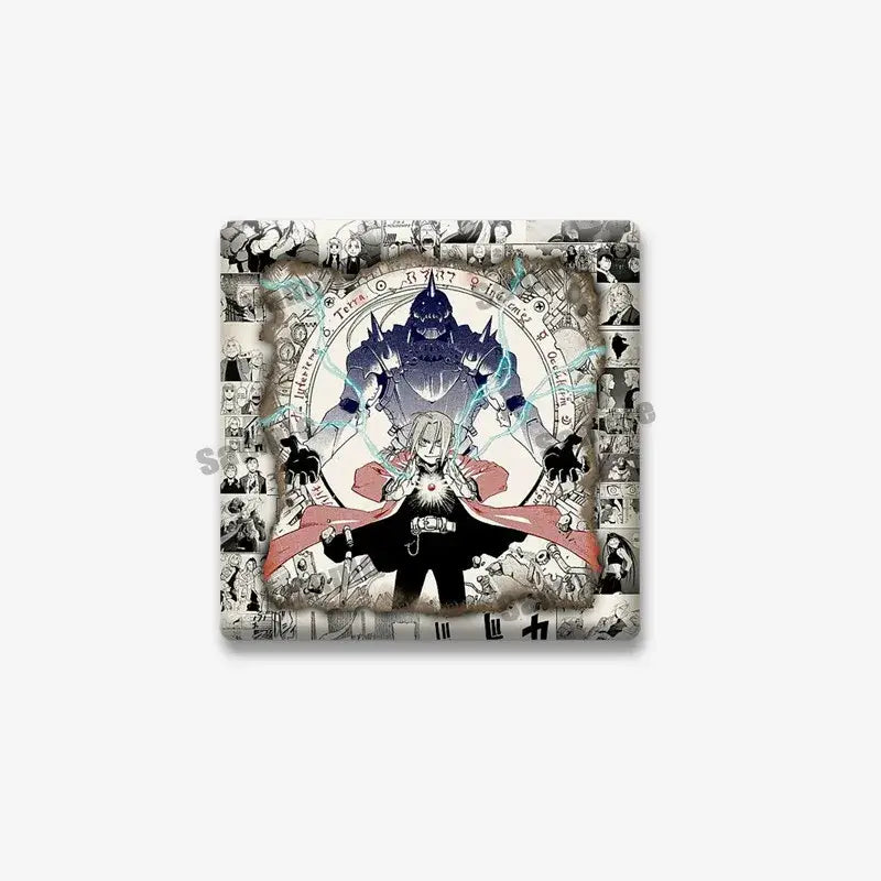 Square fullmetal alchemist lapel brooch featuring edward elric in black and red with dark armored figure design