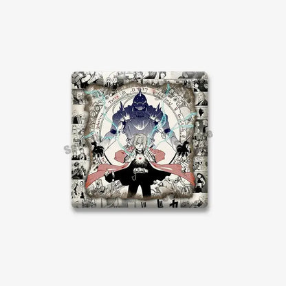 Square fullmetal alchemist lapel brooch featuring edward elric in black and red with dark armored figure design