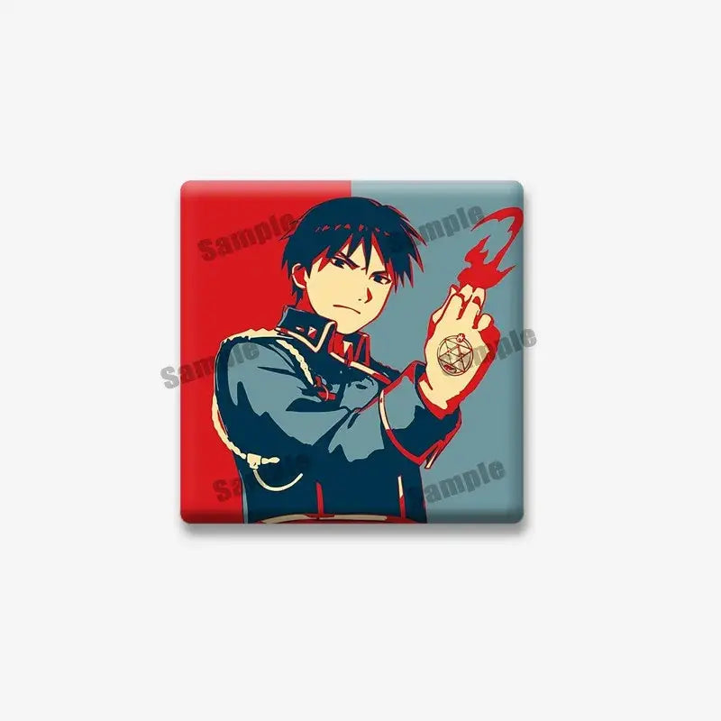 Square-shaped fullmetal alchemist edward elric lapel brooch with black hair character on red and blue background