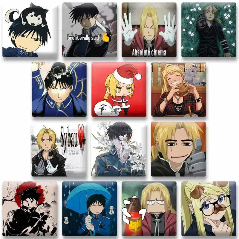 A collection of fullmetal alchemist square lapel brooches featuring edward elric with colorful anime designs