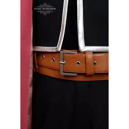 Brown leather belt with silver rectangular buckle and metal eyelets for fullmetal alchemist edward elric trench coat