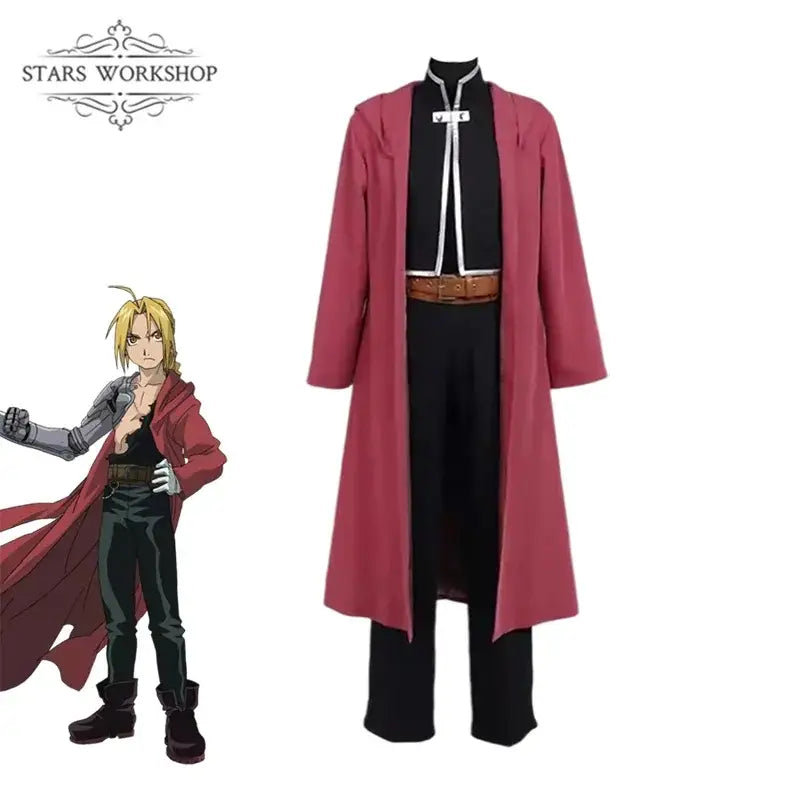 A maroon fullmetal alchemist edward elric trench coat with high collar and white trim paired with black pants and brown belt