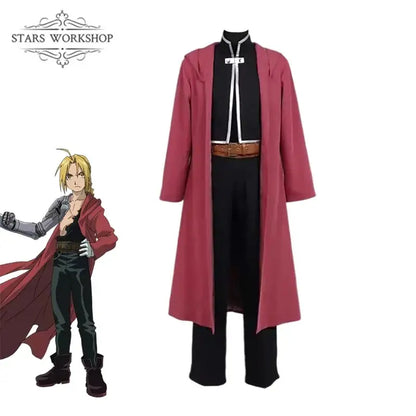 A maroon fullmetal alchemist edward elric trench coat with high collar and white trim paired with black pants and brown belt