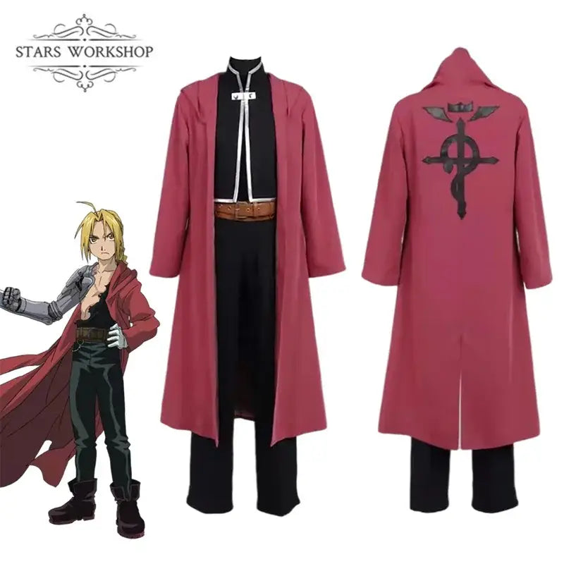 A long burgundy red edward elric trench coat with black emblem on the back and white trim along the front opening