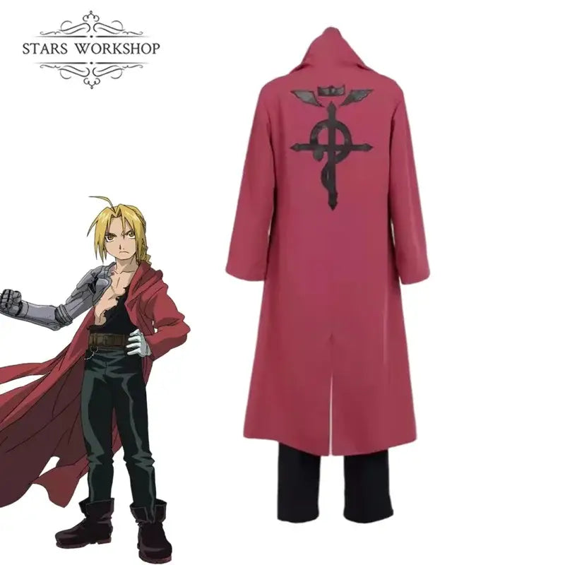 Back view of crimson red fullmetal alchemist edward elric trench coat with hood and black emblem on the back