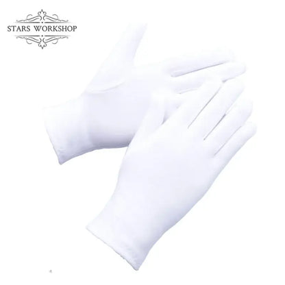 White cotton gloves from stars workshop designed to complement the fullmetal alchemist edward elric trench coat