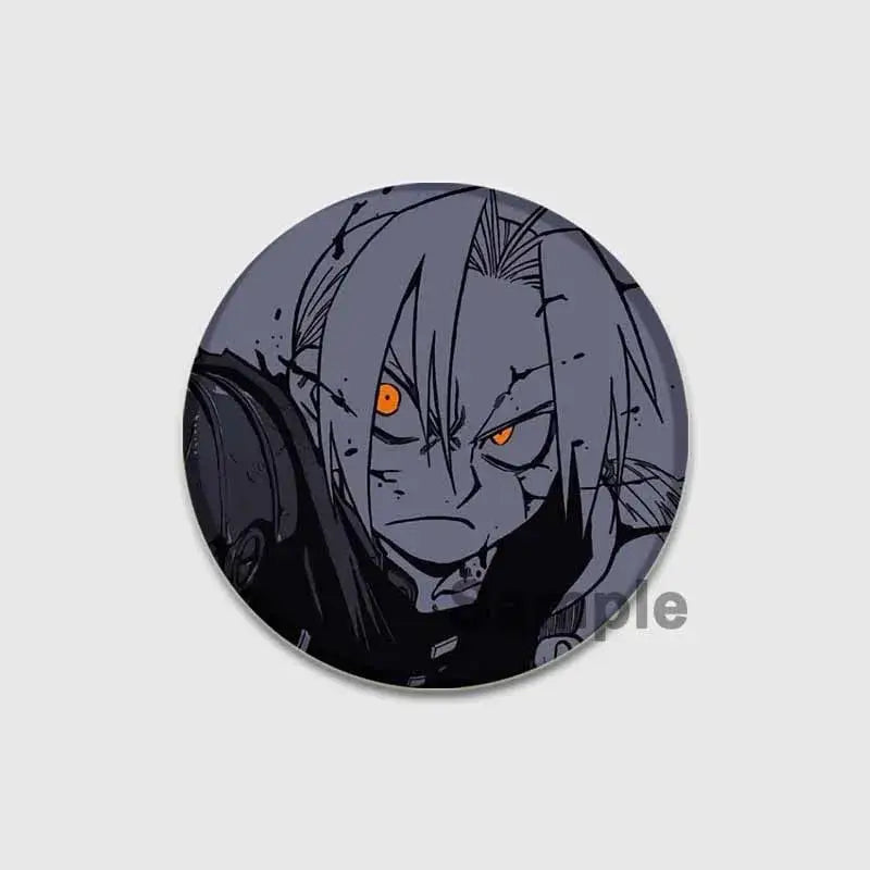 Fullmetal alchemist enamel brooch featuring a handmade circular button with gray hair anime character and glowing orange eyes