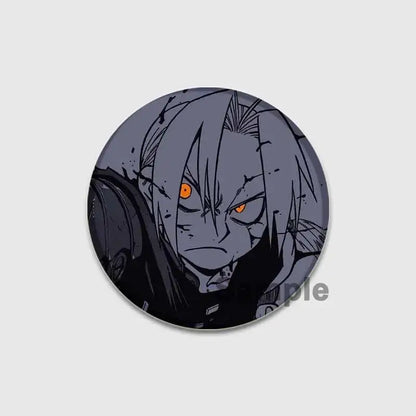 Fullmetal alchemist enamel brooch featuring a handmade circular button with gray hair anime character and glowing orange eyes