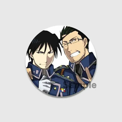 Fullmetal alchemist enamel brooch featuring two anime characters in navy blue military uniforms with gold buttons