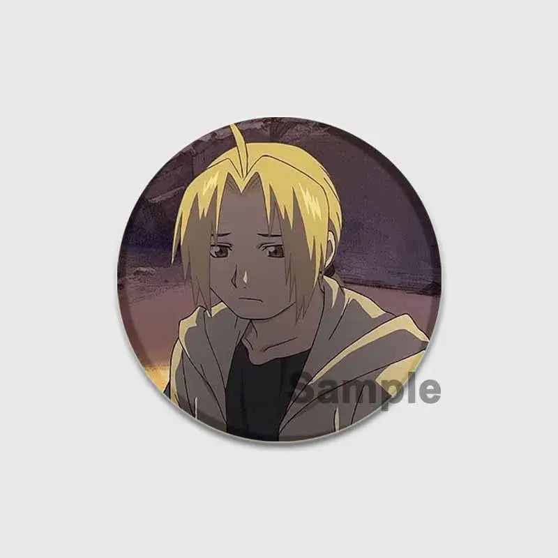 Circular fullmetal alchemist enamel brooch featuring a blonde anime character with a gray hooded garment and somber expression