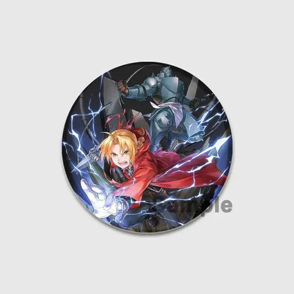 Circular fullmetal alchemist enamel brooch featuring a blonde character in red cloak with sword and blue lightning effects