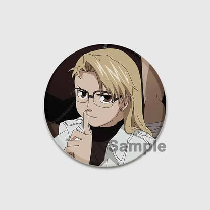 Circular fullmetal alchemist enamel brooch featuring a blonde anime character with glasses in a white coat on dark background