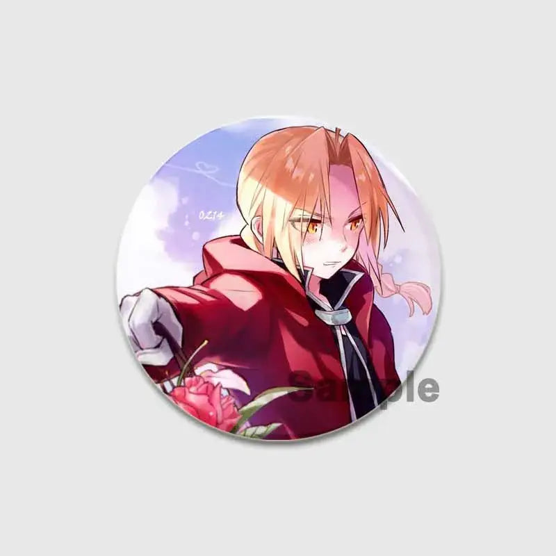 Fullmetal alchemist enamel brooch featuring an orange-haired anime character in a red coat holding pink roses