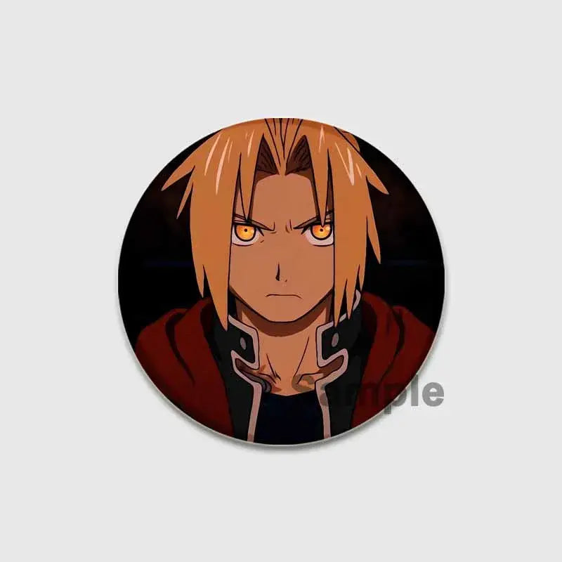 Circular fullmetal alchemist enamel brooch featuring an anime character with spiky orange hair and glowing amber eyes