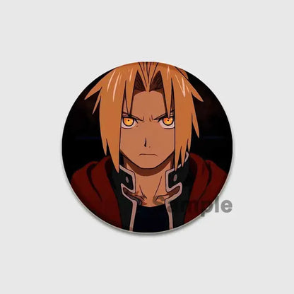 Circular fullmetal alchemist enamel brooch featuring an anime character with spiky orange hair and glowing amber eyes