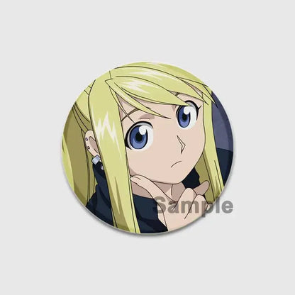 Fullmetal alchemist enamel brooch featuring a circular handmade pin with a stylized blonde anime character illustration