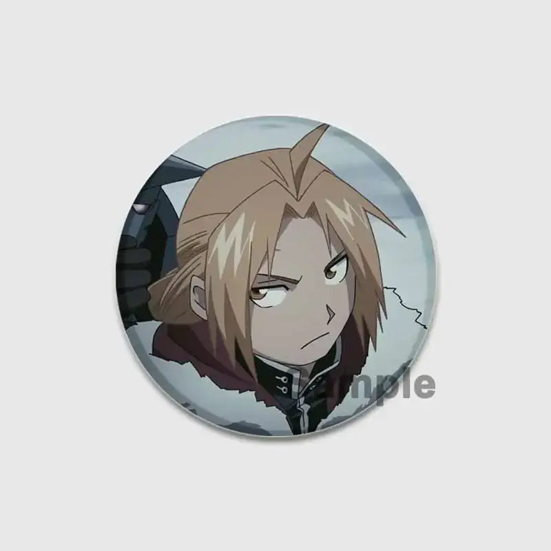 Circular fullmetal alchemist enamel brooch featuring an anime character with spiky blonde hair on a snowy background