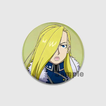 Circular fullmetal alchemist enamel brooch featuring an anime character with blonde hair and blue eyes in dark blue outfit