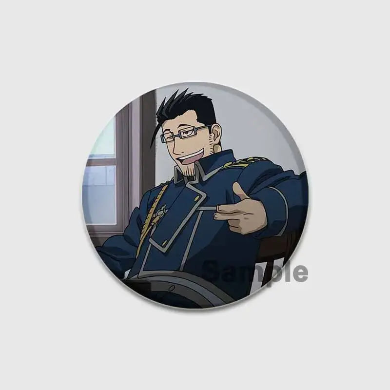 Circular fullmetal alchemist enamel brooch featuring an anime character in dark blue military uniform pointing forward