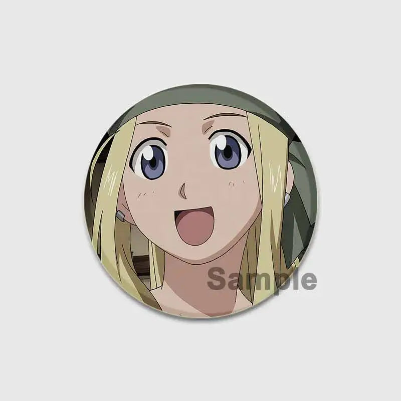 Circular fullmetal alchemist enamel brooch featuring an anime character with blonde hair and a green headband