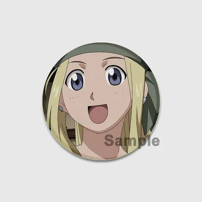 Circular fullmetal alchemist enamel brooch featuring an anime character with blonde hair and a green headband